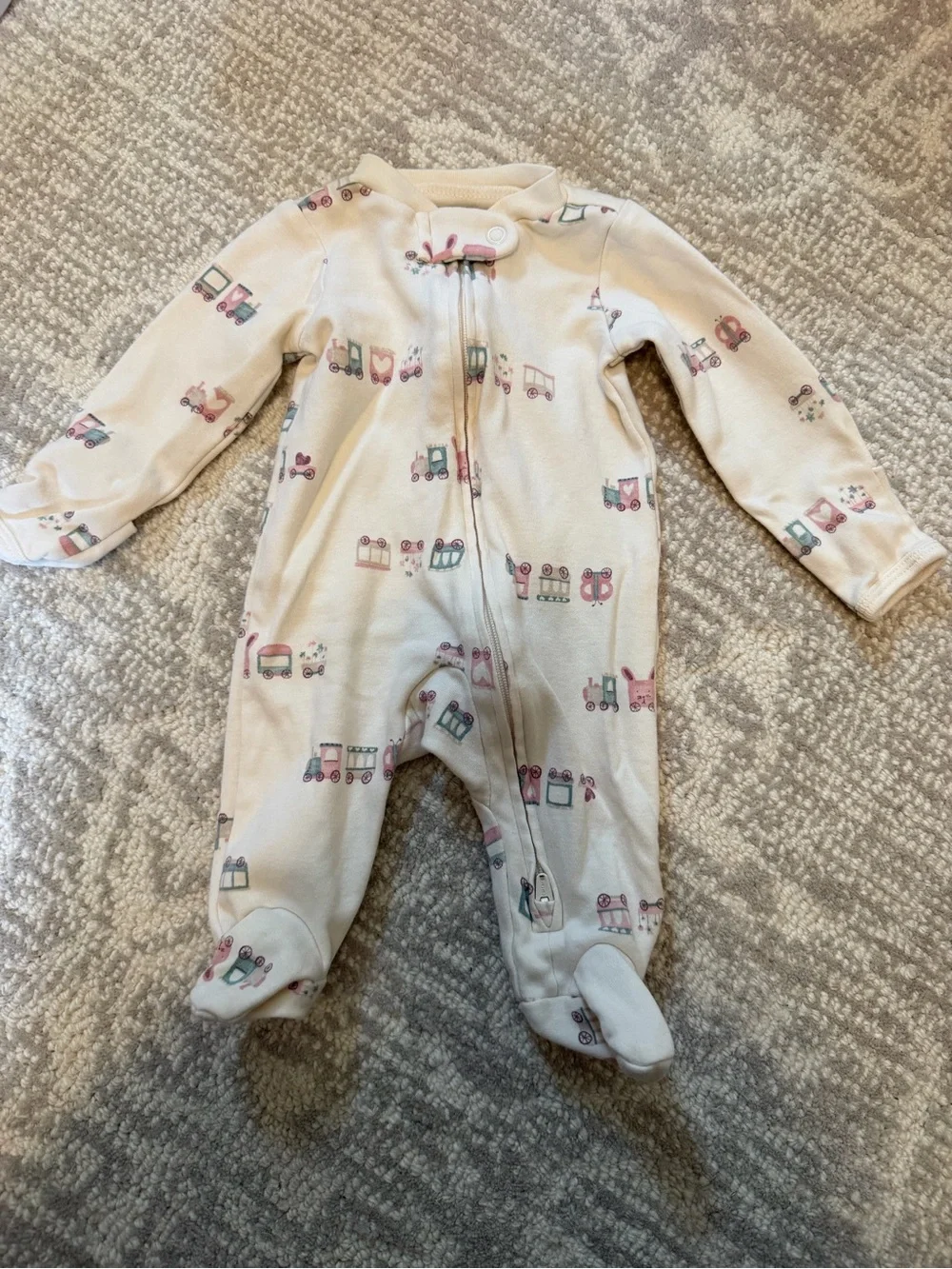 Carter's Cream Footed Pajamas with Pink and Teal Train Print